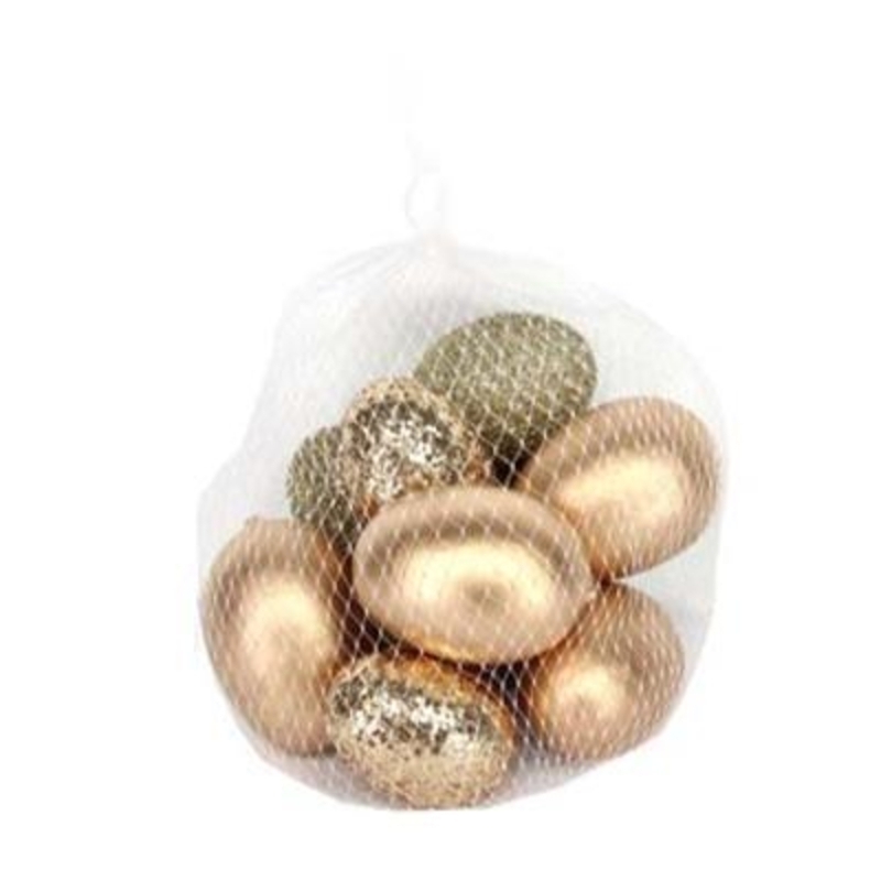 Gold Egg Easter Decorations by Gisela Graham Bag of 10 gold Easter egg decorations in glitter and matt by the designer Gisela Graham who designs unique Easter decorations. Each egg size (LxWxD) 6x5x5cm